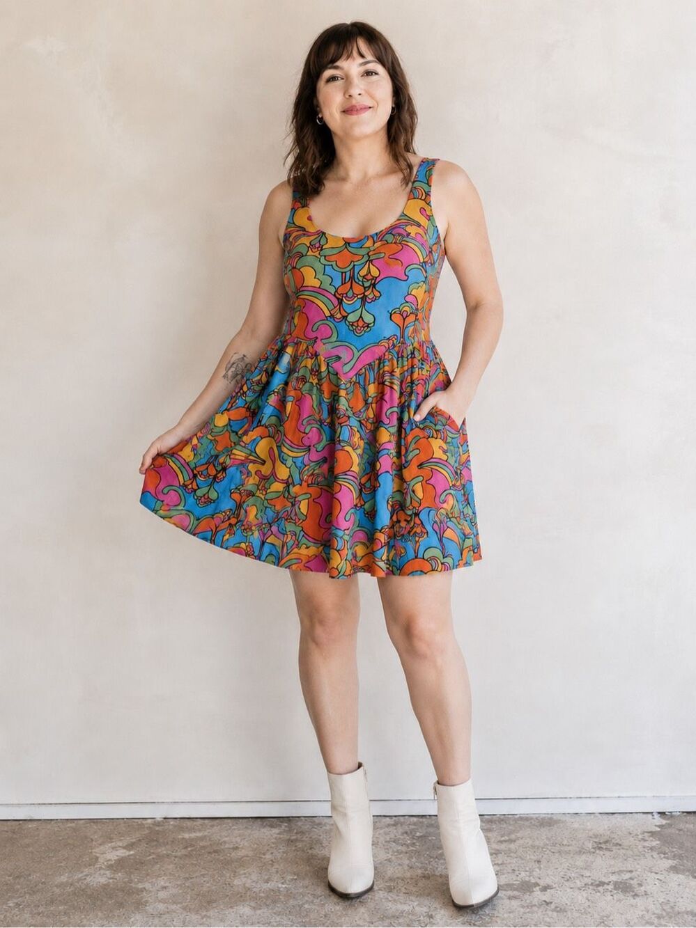 Nooworks Misty Mini Dress Retro Psychedelic Floral Cotton Size M NWT $148